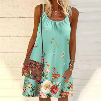 Mini robe imprimée de fleurs tombantes pour femmes, sans manches, tenue de soirée, de plage, d'été