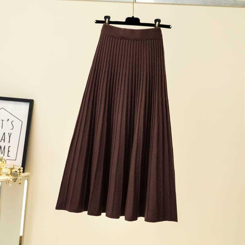 Women's High Waist Wool Knit A-Line Pleated Midi Skirt - Autumn/Winter Slimming Umbrella Hem