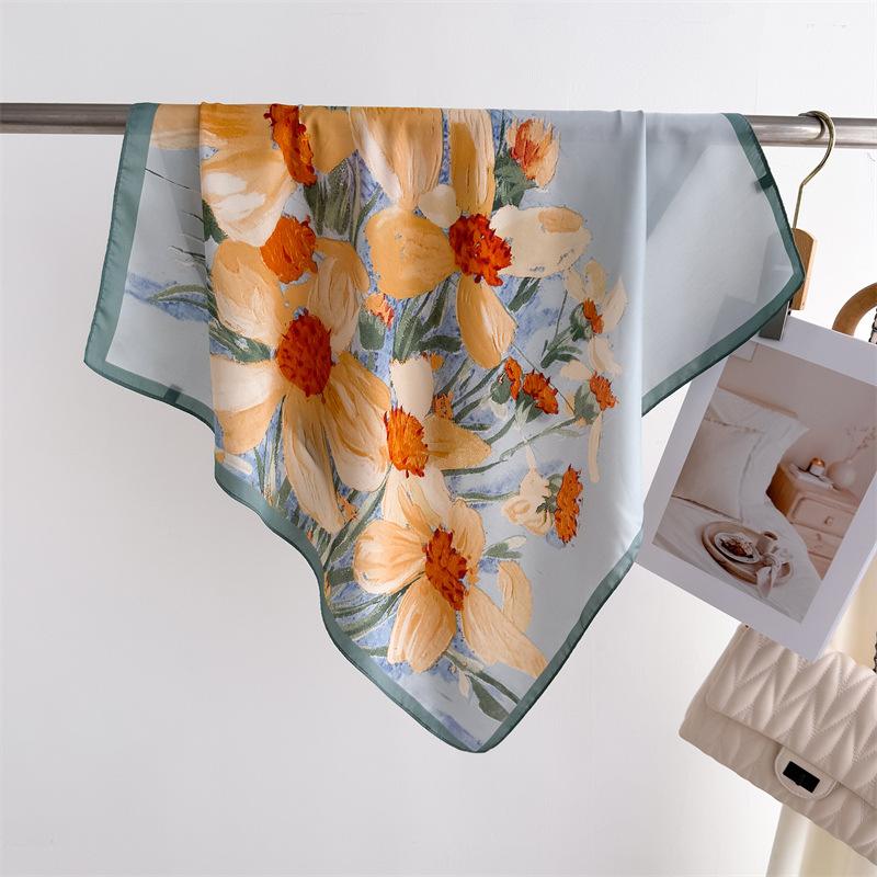 

Роскошный шелковый квадратный шарф с принтом для женщин, атласный шейный платок, весенняя повязка для волос, платок, бандана, эшарп, галстук, шаль, накидка 70x70cm