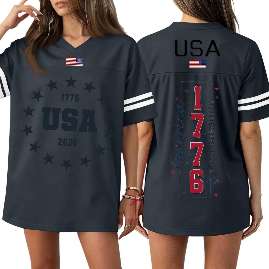 Womens Short Sleeve V Neck Oversized T Shirt 1776 2026 USA Letter Print Loose Fit Top Flag Graphic Tee