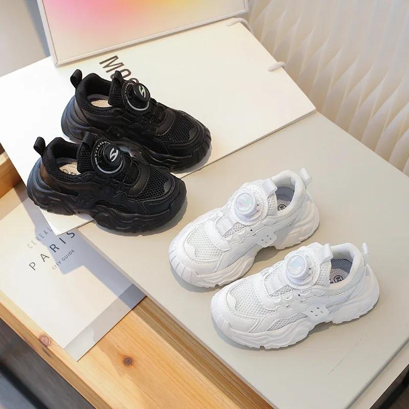 Children Casual Sports Shoes with Rotating Button Boys Girls Sneakers Mesh Breathable 2024 New Kids Running Shoes Thick Sole