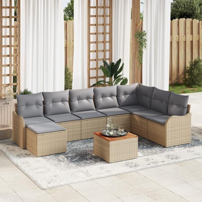 Ensemble de Canapés de Jardin 9 Pièces avec Coussins Beige Rattan Poly Acacia, Canapé de Jardin 2 Places avec Coussins Beige 3347490