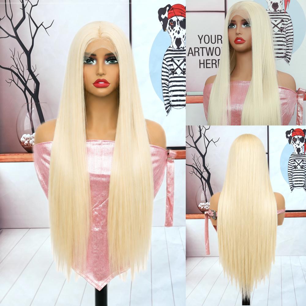 **13x4 Platinum Blonde Lace Front Wig, 24" Straight Heat‑Resistant Synthetic Glueless Wig with Baby Hairs Adjustable Straps for Women**