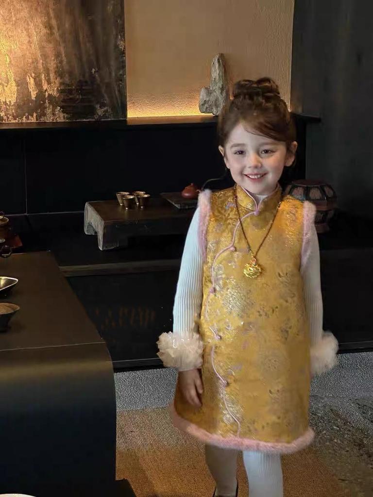 Girls' Chinese Style Cheongsam Dress with Hanfu Padded Vest for Autumn/Winter - New Year's National Style Clothing