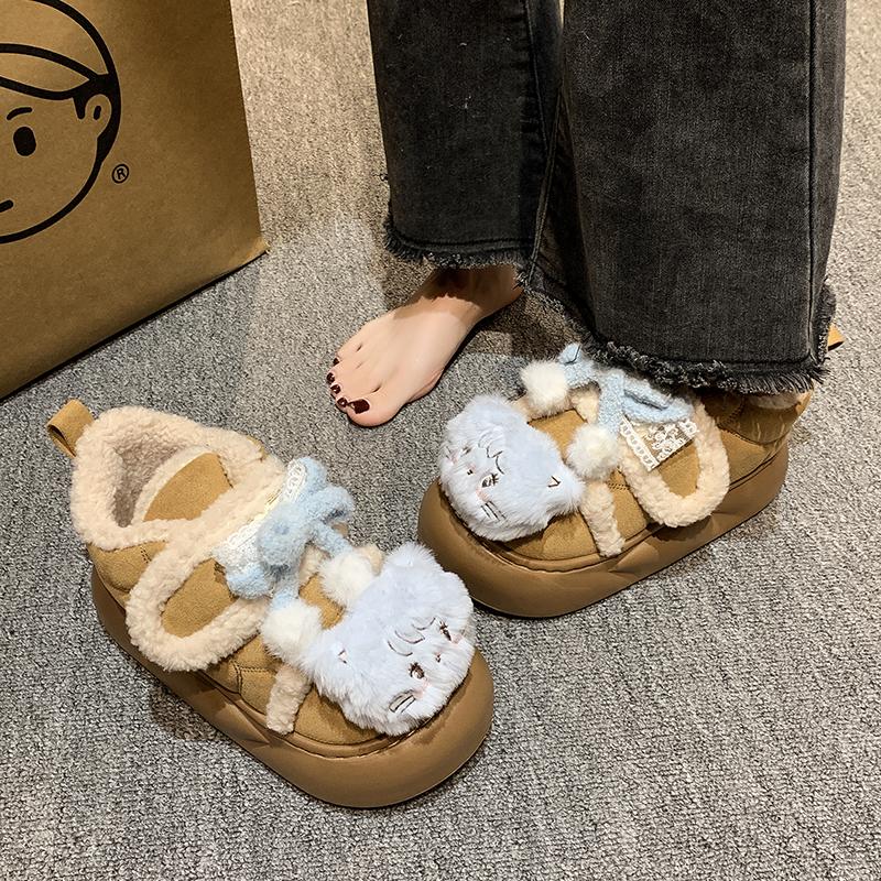 Fashion Women's Fashion Flat Shoes Winter New Round Head Suede Cartoon Decoration Thick Soles Soft Soles Non-slip Low Top Shoes