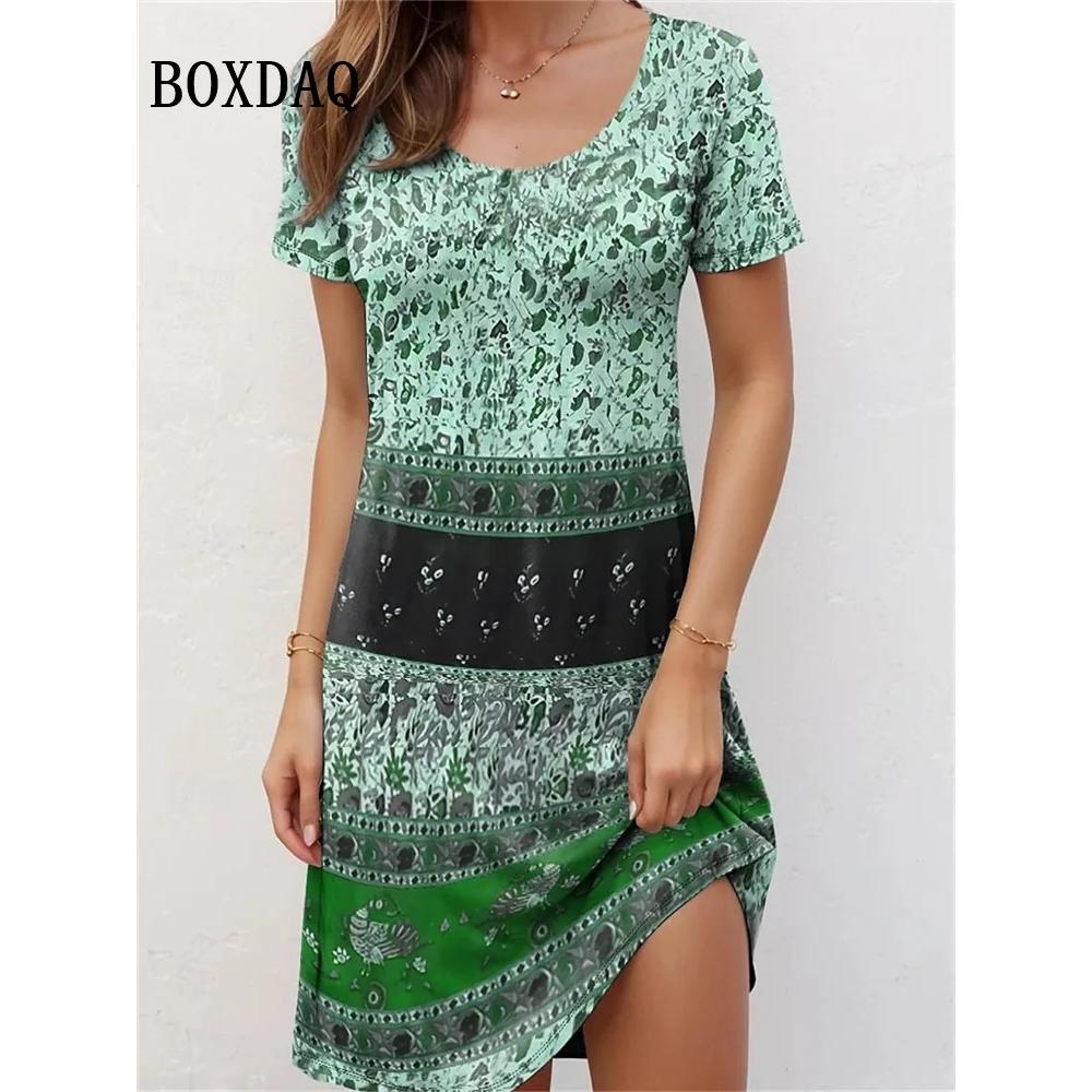 Styl Etniczny Damska Vintage Sukienka z Kwiatowym Nadrukiem Letnia Wkładana Krótki Rękaw Damska Luźna Duży Rozmiar Sukienka Casualowa Retro Sukienka