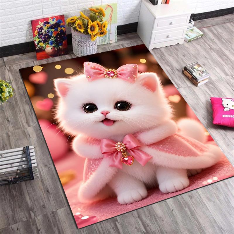 Cute White Kitten Pink Bow Glitter Heart Print Area Rug Non‑Slip Rectangular Floor Mat Lovely Pet Decor Rug for Game Room Bedroom Living Room