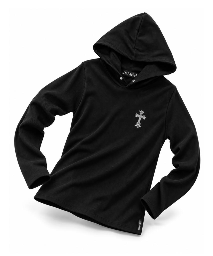 DAMISH Cross Embroidered Ribbed Hoodie_Black