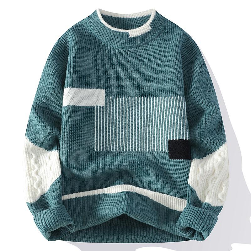 Men's Fall Round-Neck Color-Blocked Sweater: Youth Knit Top, Casual Design