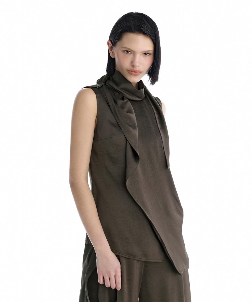 Teulimingbeodeu Draped High Neck Set-Up Sleeveless Top [ Brown ]