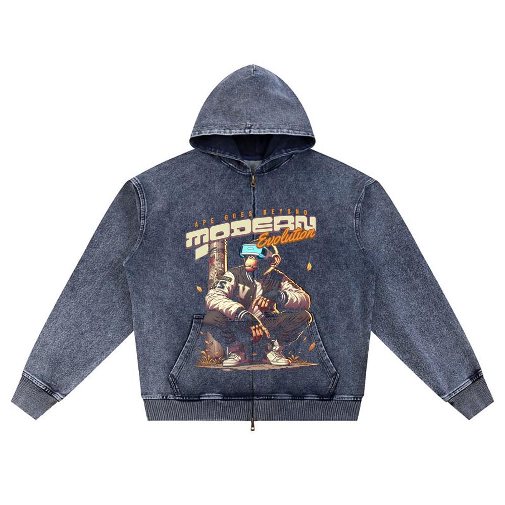 

DTG print Knitted Denim Zip-Up Hoodie Modern Evolution Brother Print Zipper Hoodies XL темно-синий