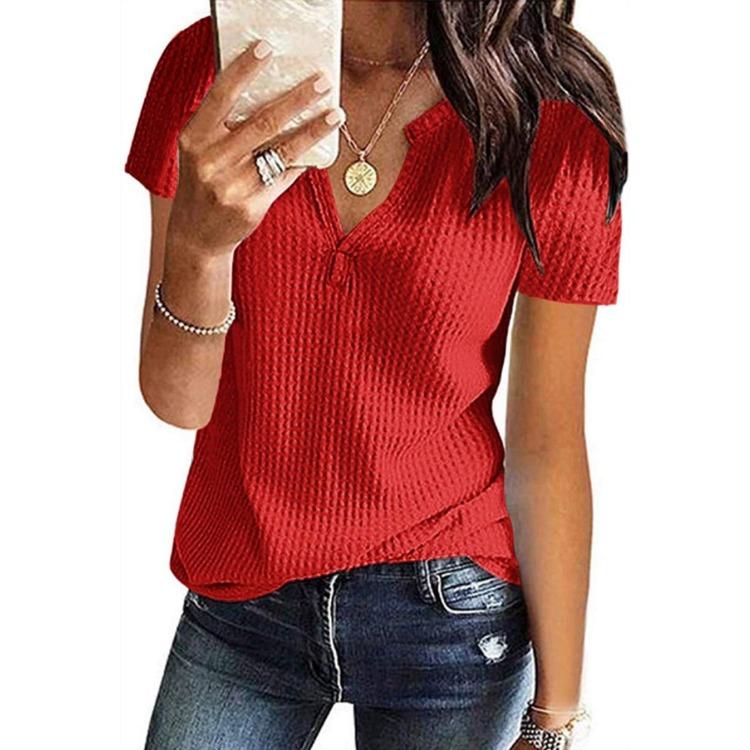 IHUASU Spring Summer Solid Color Short-sleeved V-neck Waffle Top for Women
