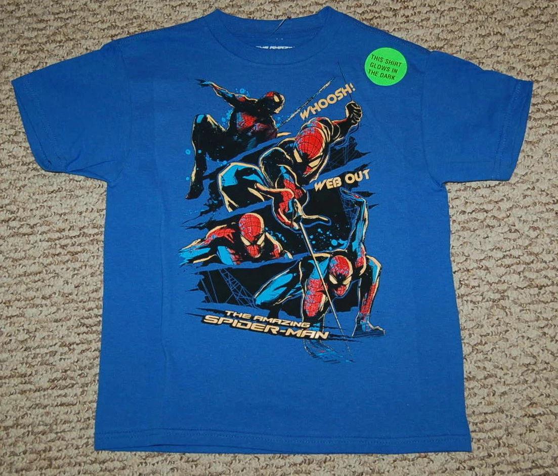 Boys Tee Shirt BLUE Glow In Dark SPIDERMAN Web Out SIZE XL 14-16 100