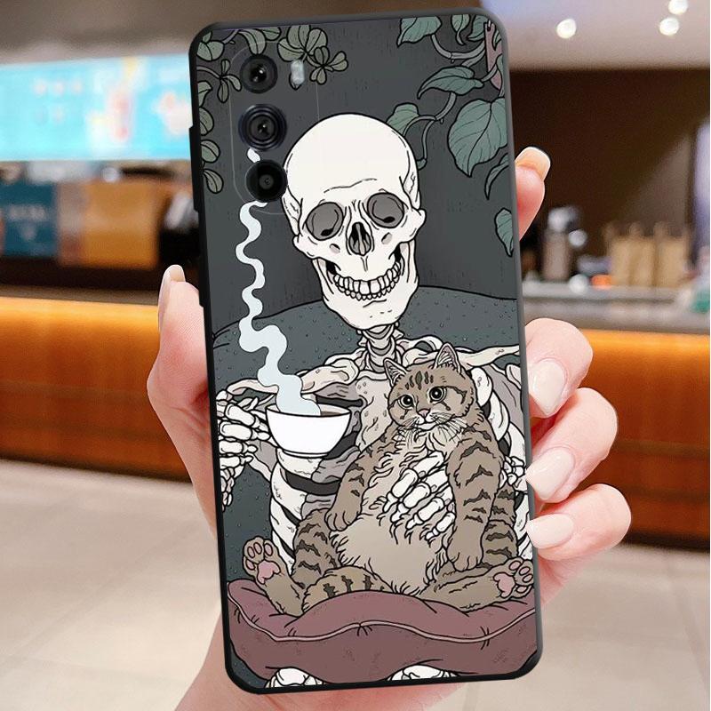 Phone Case For Motorola Edge 50 40 Pro 60 50 40 30 Ultra Neo Fusion Moto G85 G72 G53 G54 G84 G13 G32 Cartoon Skeleton Skull Cat