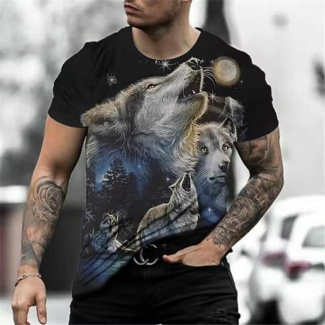 Summer Round Neck 3D Wolf Print Top Fashionable Casual Short Sleeved Men's T-shirts