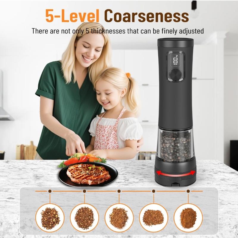 USB C Rechargeable Electric Salt Pepper Grinders With 100ml Large Capacity Clear Window And Dustproof Base For Kitchens