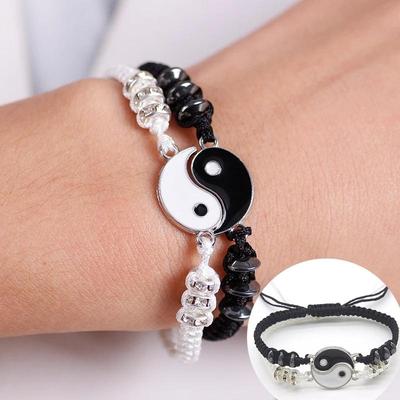 2 Stück Tai Chi Yin Yang Paar-Armbänder aus Zinklegierung, verstellbares Geflecht-Kettenarmband, passende Liebhaber-Armbänder