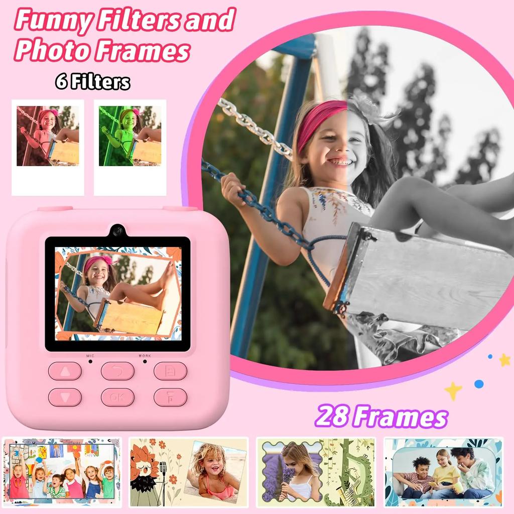 Kids Camera Instant 1080P HD Dual Lens Selfie Digital Camera for Girls Boys Christmas Birthday Gifts Toys With 32G Print