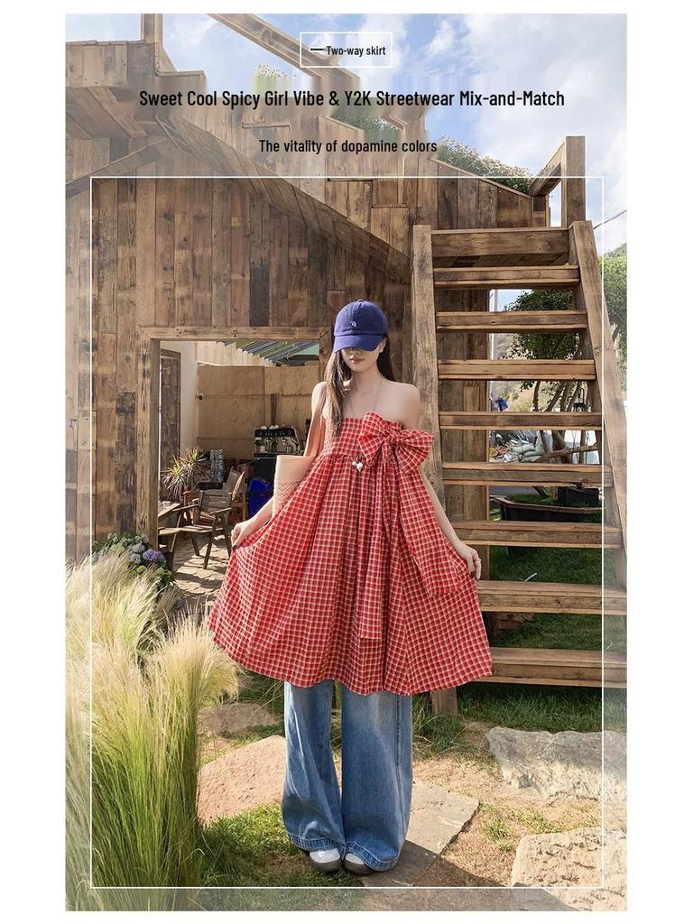 American Trendy Spicy Girl: Versatile Plaid Pleated Long Skirt + Strapless Plaid Umbrella Top