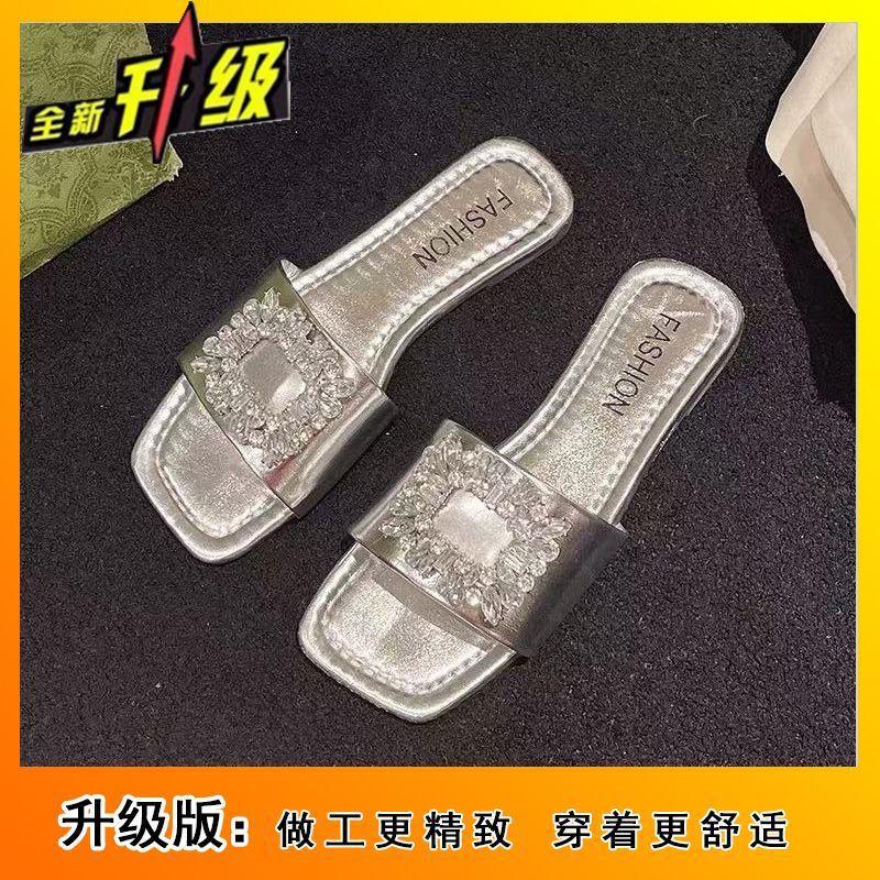Delicate square buckle rhinestone flat bottom cool slippers beautiful one-word drag 2025 new summer wear premium slippers women