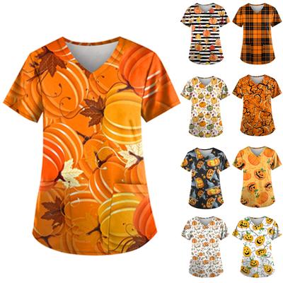 Damen Kurzarm V-Ausschnitt Hallowmas Muster Tops Tasche Arbeits T-Shirts