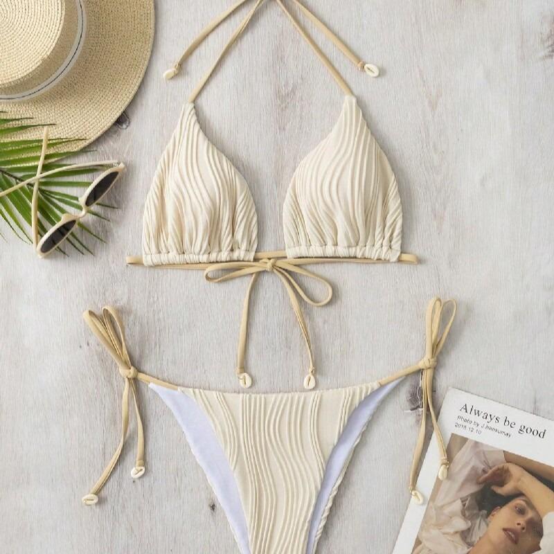 Solid color lace-up split sexy bikini women's three-point hot girl swimsuit women