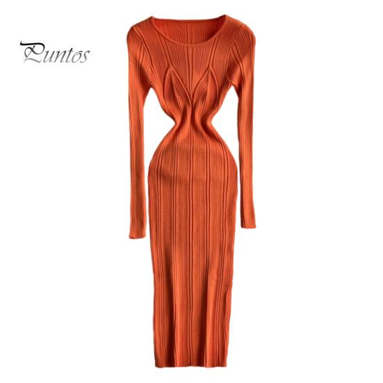 

Женское платье-свитер, облегающее, с высокой эластичностью, с круглым вырезом, длинными рукавами, облегающее платье-миди, трикотажное однотонное платье с узкой талией для свиданий оранжевый