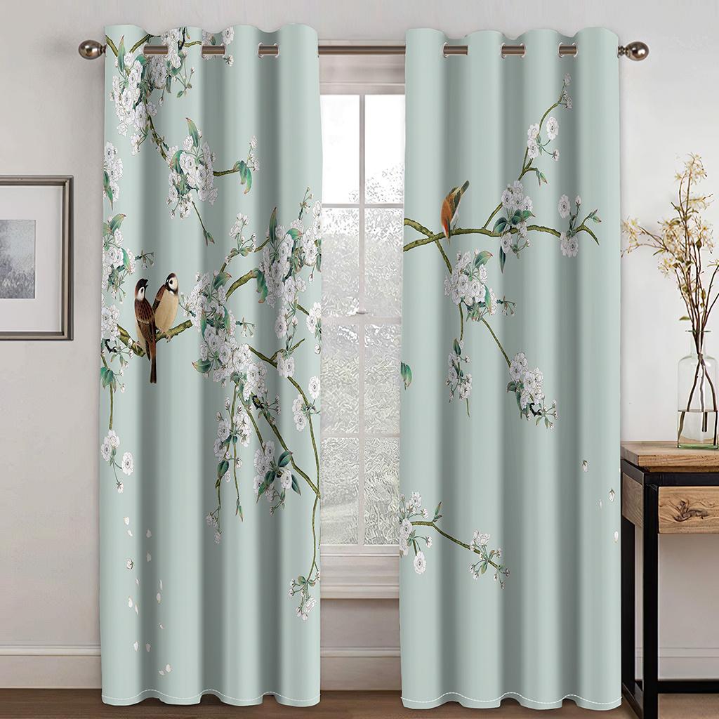 Tende Oscuranti A Doppia Faccia Con Uccelli E Fiori: 132x213 Cm, 2 Pannelli, Beige/Blu, Per Soggiorno E Camera Da Letto