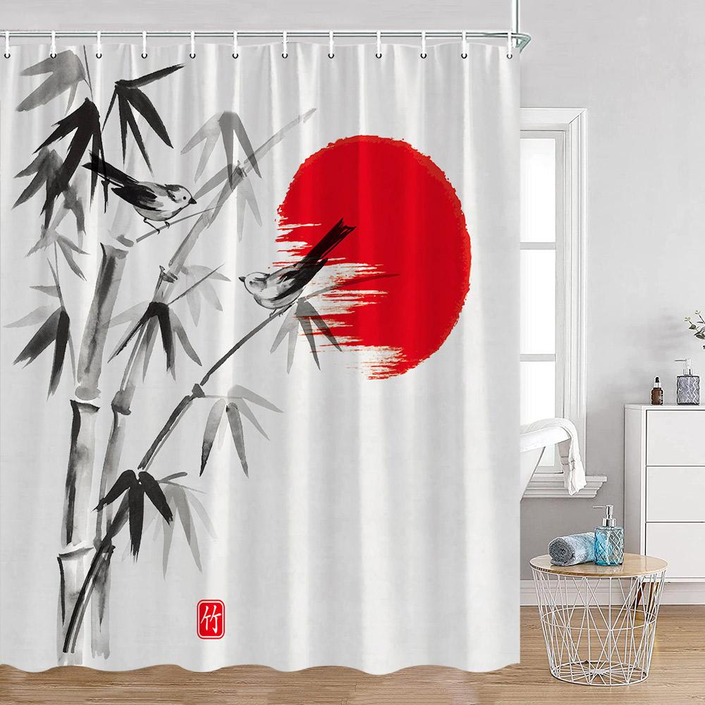 Chinesische Tuschemalerei Duschvorhänge Blühend Rot Sonne Koi Bambus Berglandschaft Badevorhang Polyester Badewannen Dekorationen