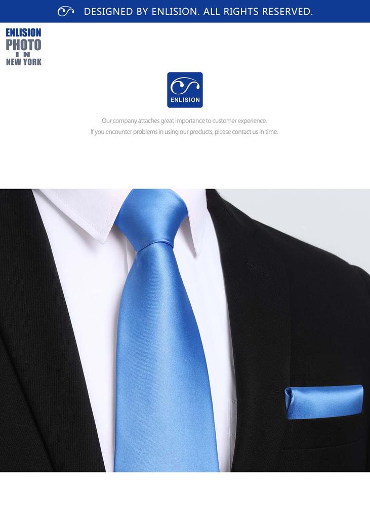 [Enlision] Men's Tie and Pocket Square, Blue, Business, Formal, Plain Silk, Men's, Wedding, Job Hunting, Stylish, Male EL-01