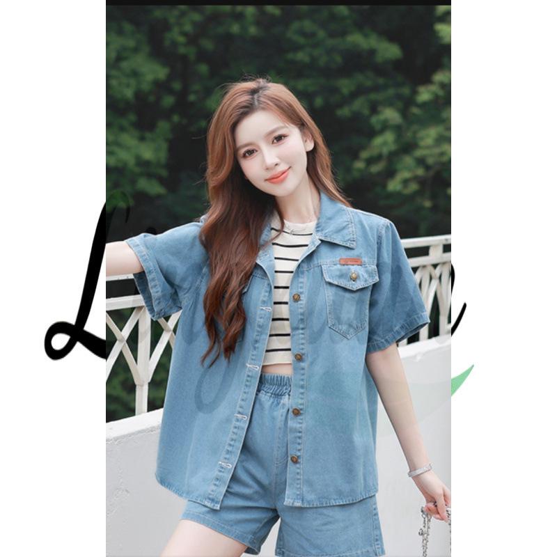 

Summer Casual Short-Sleeve Denim Suit M світло-синій колір
