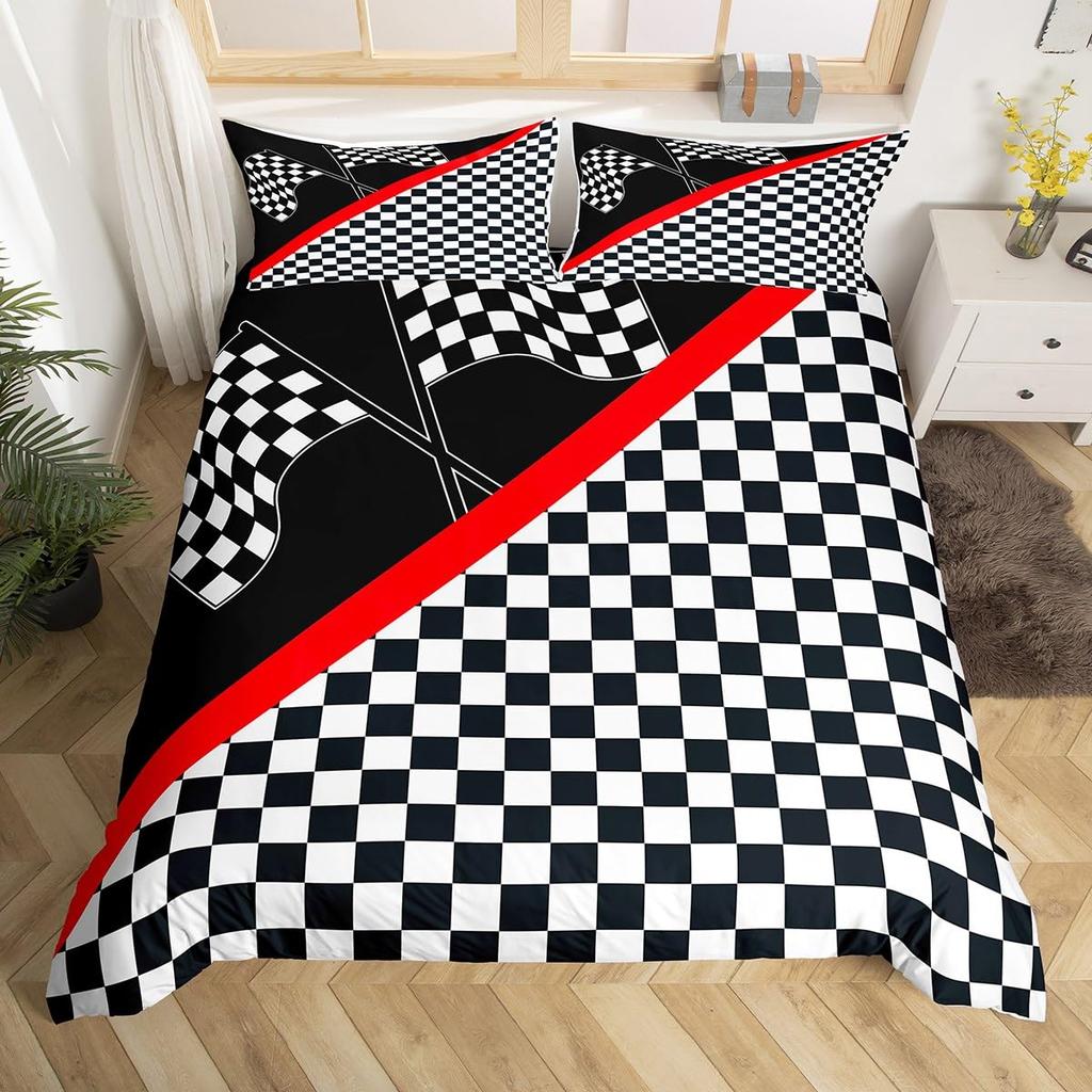 Checkered Flag Duvet Cover Sets for Teens Adults Queen Lightweight Quilt Covers Racing Themed Bedding Set Bedroom Decor No Quilt