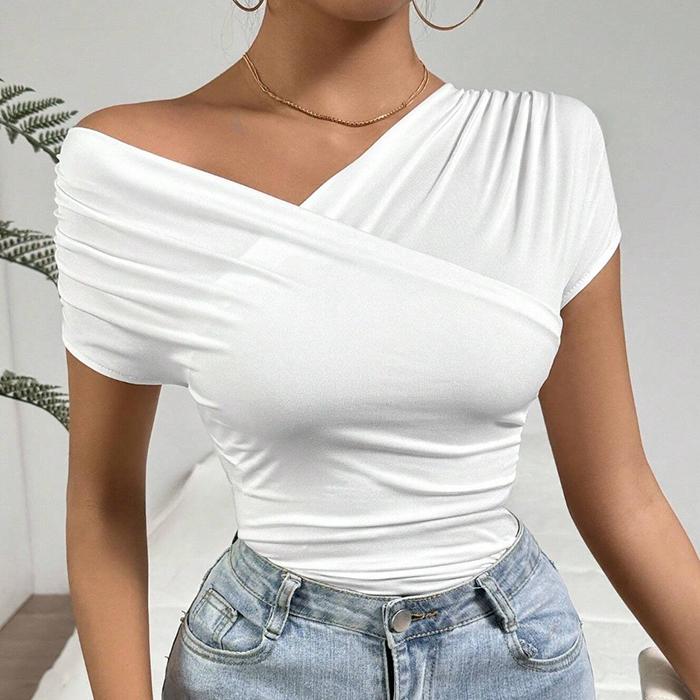 Ladies Summer Short Sleeve Skew Collar Solid Color Slim Fit Bodycon Pullover Casual T Shirt Top