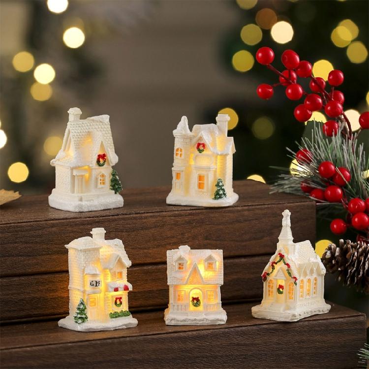 Casas de Resina em Miniatura Luz de Natal Edifício Iluminado Figura para Presente de Feriado Infantil Decoração de Festa Sazonal
