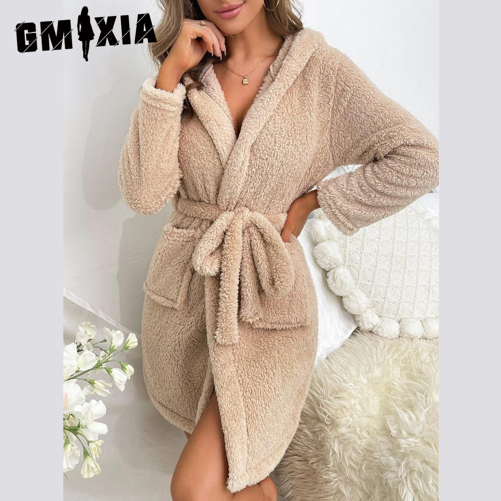 GMXIA Halat de casă de flanel pentru femei, gros, casual, simplu, confortabil, cu glugă și cordon