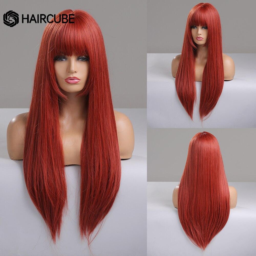 HAIRCUBE Long Straight Brown Ombre Natural Hair Wigs Middle Part Heat Resistant Synthetic Wigs for Afro Women Daily Cosplay Fashion Wigs
