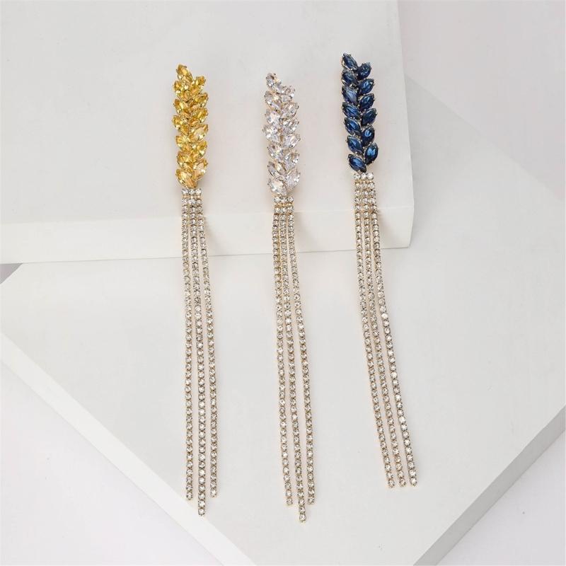 Elegant Women's Brooch with Long Thread Lapel Pin Stylish Wheat Ear Jewelry Flowing Fringe Sparkling Crystal Lapel Pins