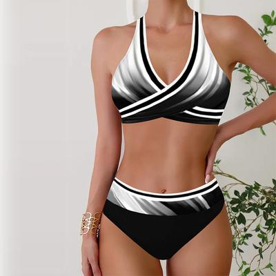 Women's Swimwear Tankini 2 Piece Swimsuit Black and White Stripes Vacation Bathing Suits