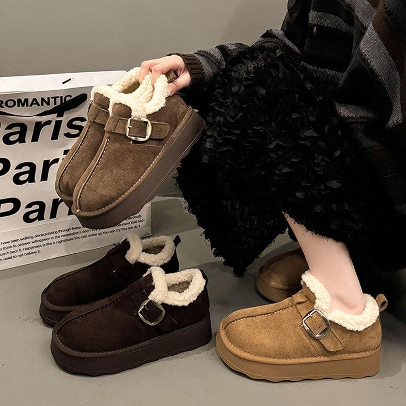 Leather thick-soled all-inclusive velvet thermal women's shoes, winter new one-pedal snow boots, bread wool cotton shoes