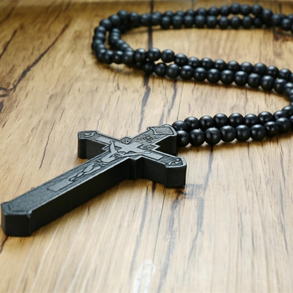 Colier Mătanie Cruce Mare din Lemn cu Iisus Hristos Pandantiv Cu Mărgele din Lemn Lanț pentru Pulover Bijuterie Cadou de Valentine's Day pentru Tată Prieten