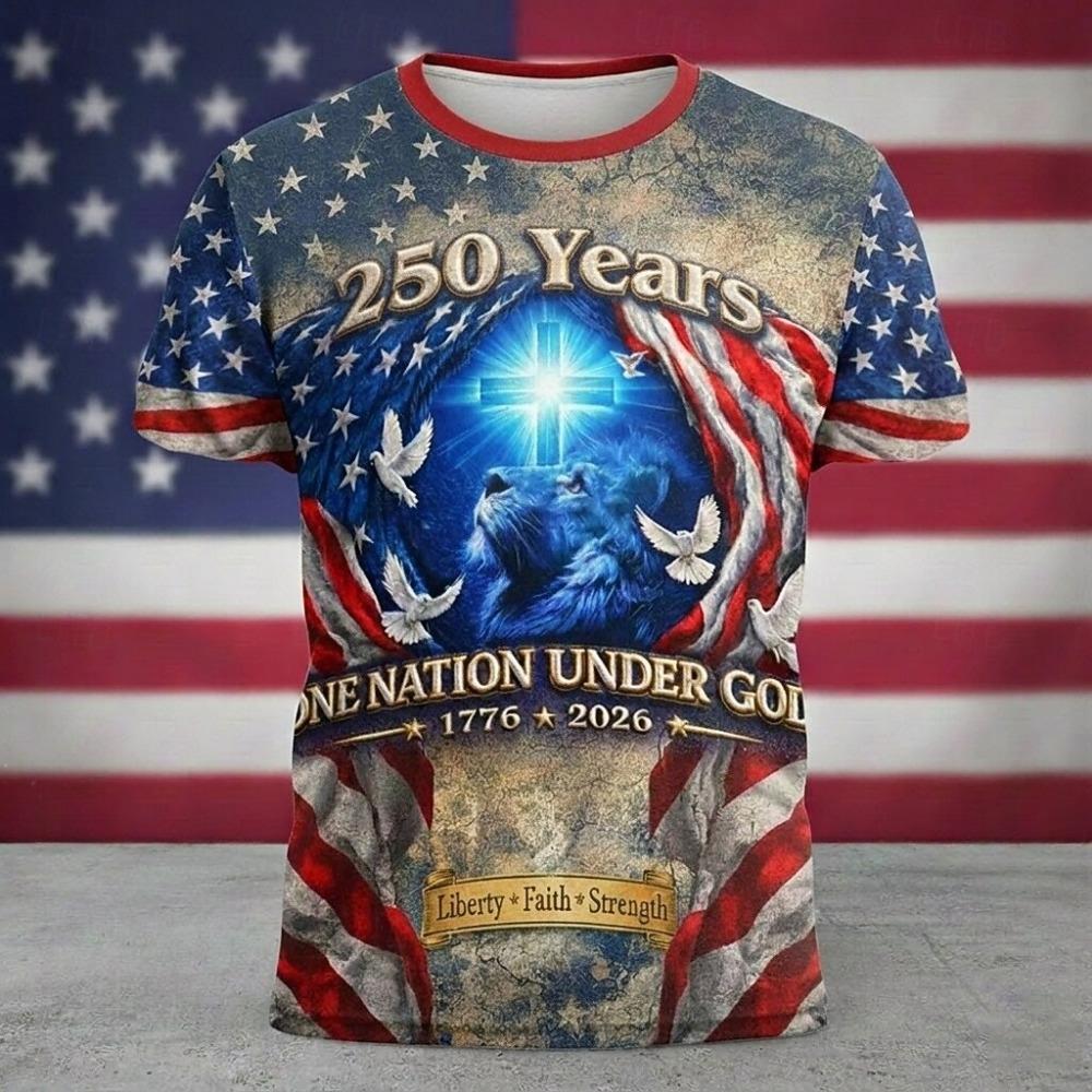 4 июля 2026 г. 250-й День памяти Мужская футболка с 3D-принтом Флага США, с круглым вырезом, с короткими рукавами, для повседневной носки на улице 2XL