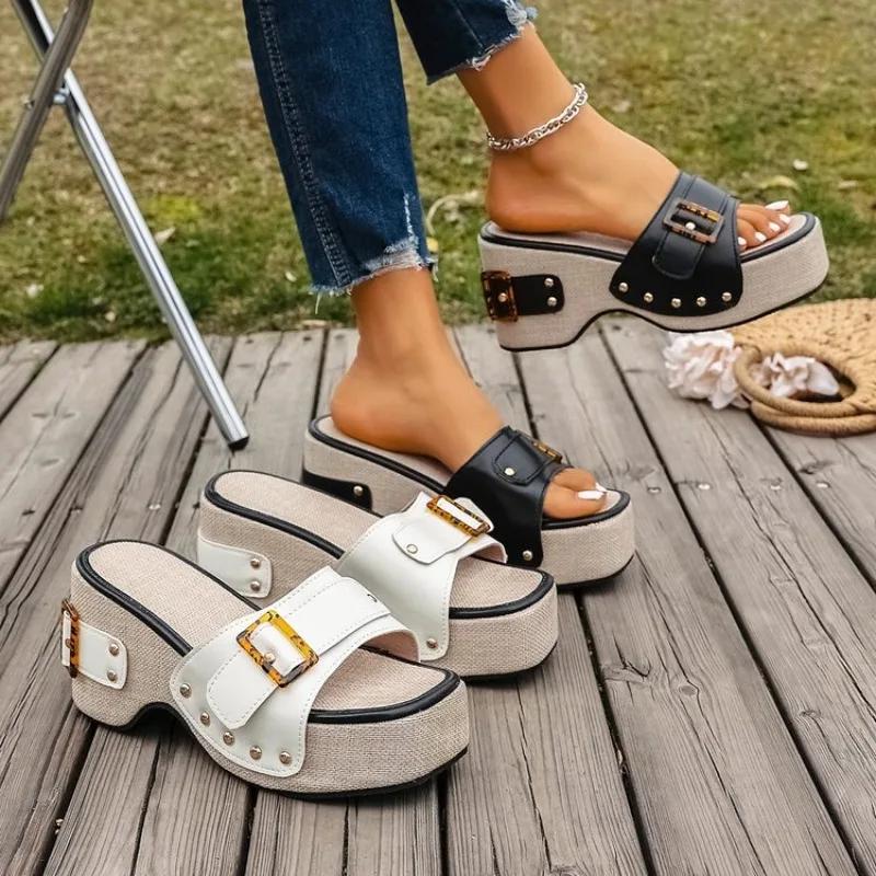 Women's Square Head Open Toe Rivet Metal Buckle Waterproof Platform Non-slip Square Heels Super High Heel Sandals