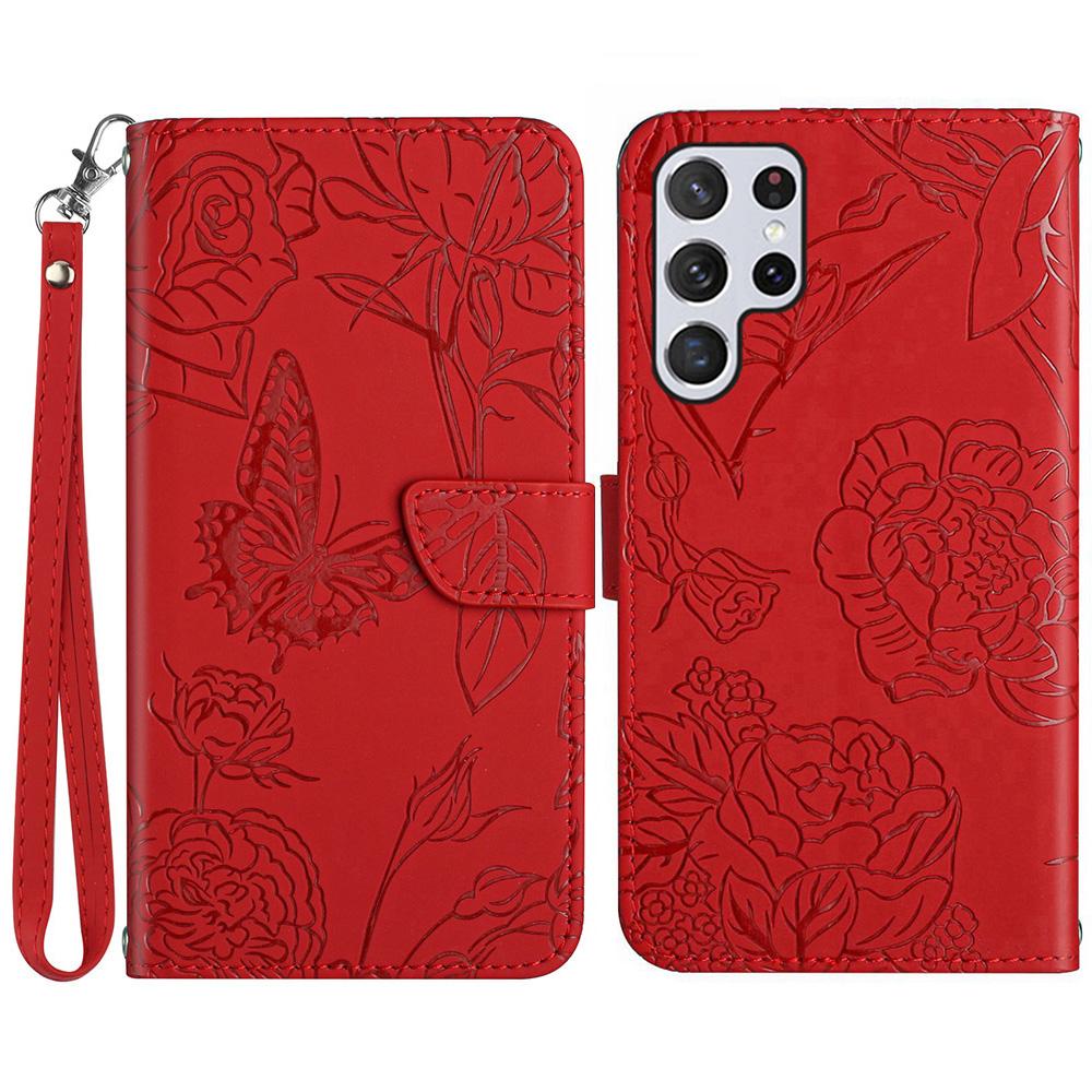 HT03 For Samsung Galaxy S25 Ultra Case Butterfly Flower Imprint Leather Phone Cover with Strap