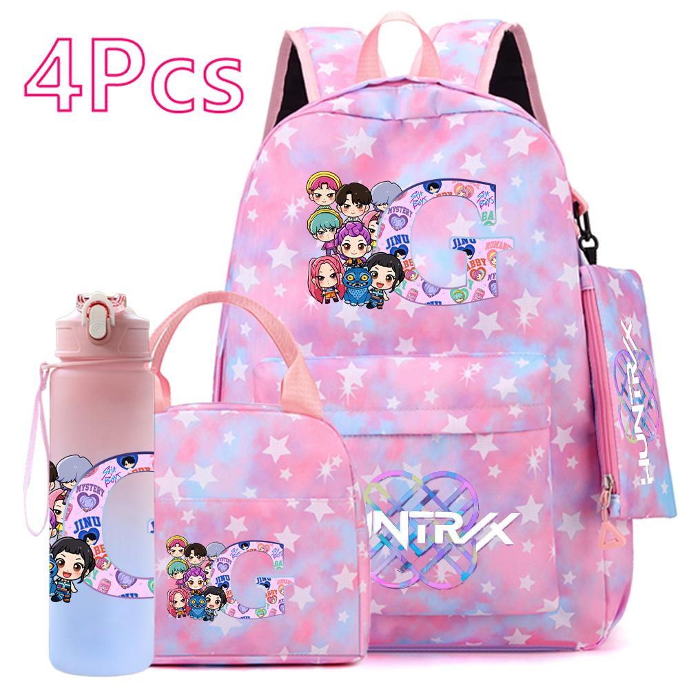 4Pcs/set 26 English Letter K-POP Printed Backpack Handbag Pencil Case 750Ml Water Bottler for Teenager Boy Girl Bookbag Schoolbag With Drinking Cup