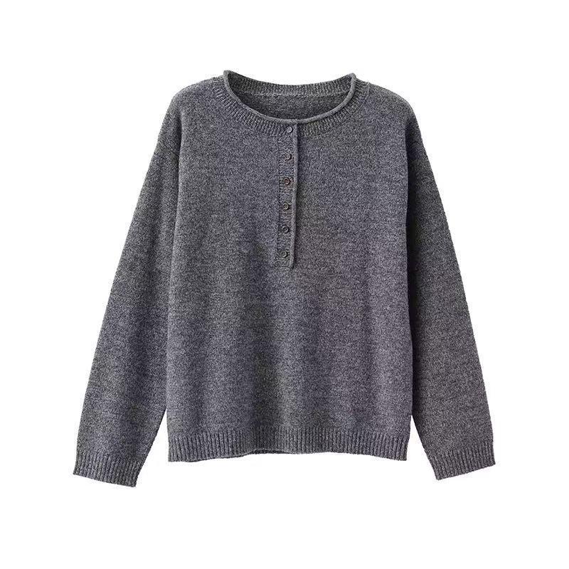 Women's French-Style Rolled Edge Round Neck Pullover Sweater - Soft, Cozy, Loose Fit for Autumn/Winter Layering