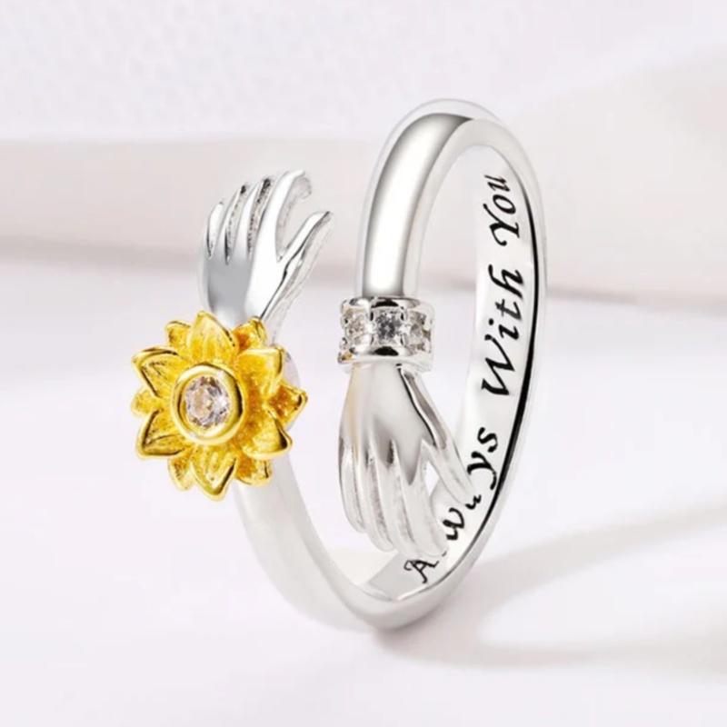 Huitan Exquisite Hands and Flower Design Opening Rings Exquisite Love “always with You” Accessories Chic Sweet Party Zircon Hot resizable