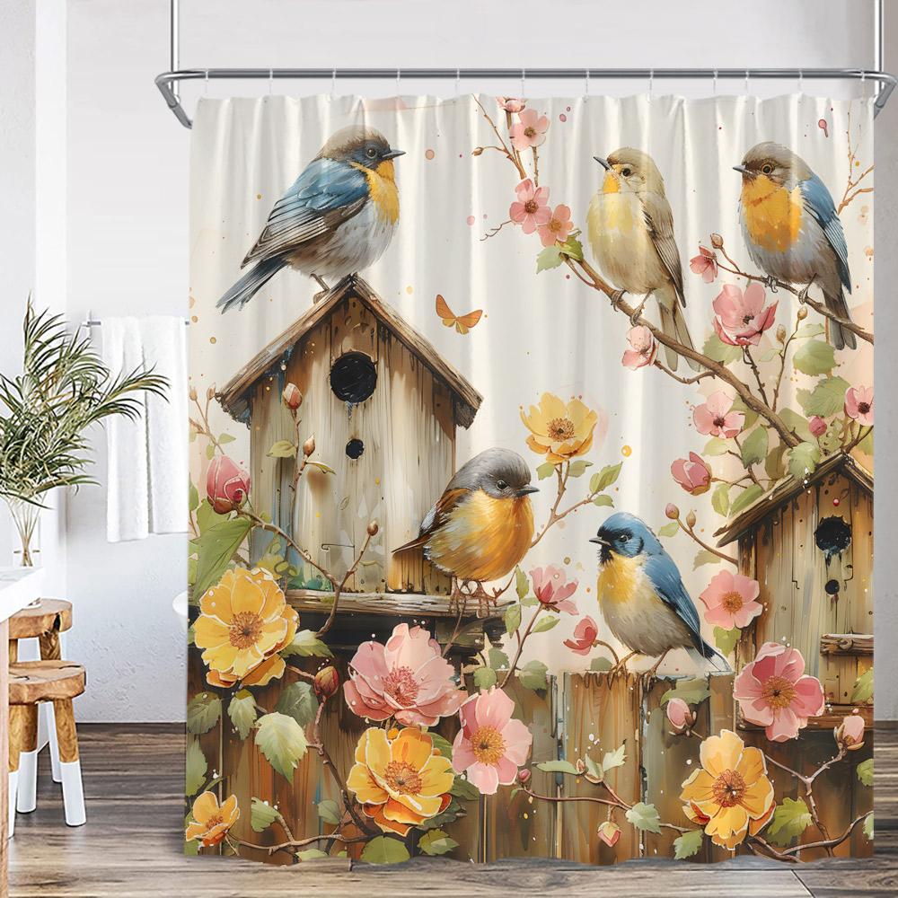 

Bird Cartoon Shower Curtain Oil Painting Flower Leaf Tree Animal Print Spring Summer Bathroom Decor Modern Floral Bath Curtain W60H190(CM)-1 Pcs
