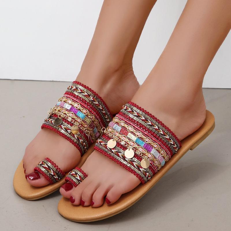 Summer New Large Size One-word Cool Slippers Flat-bottomed Fish Sequins Candy-colored Women's Slippers