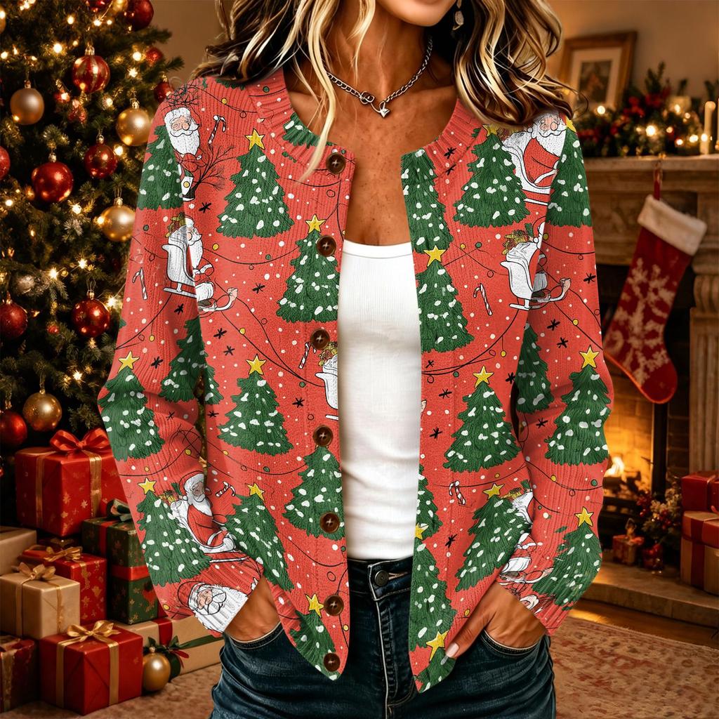 Dames Kerstprint Lange Mouwen Gebreide Vest Knopen aan de Voorkant Casual Trui