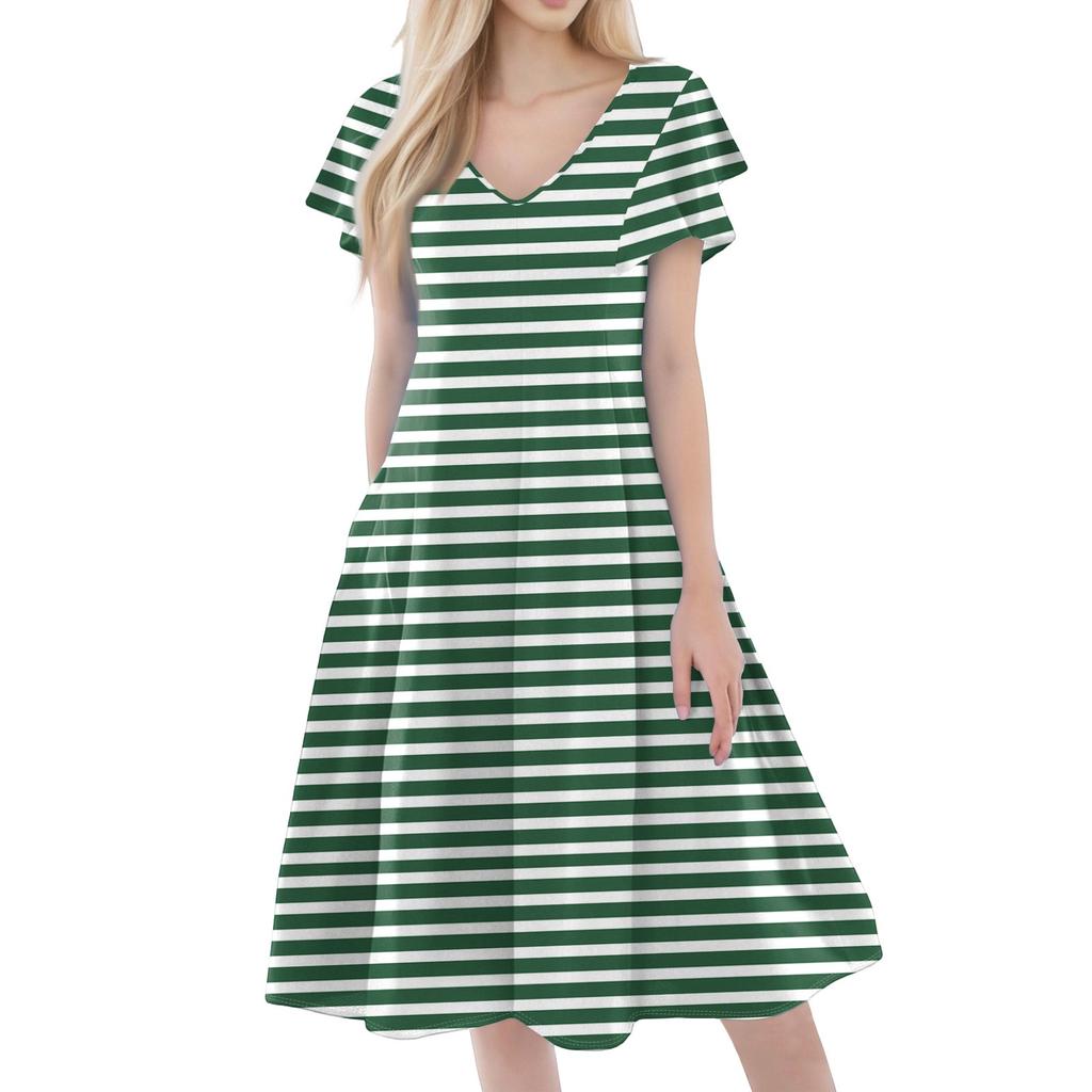 Women's Casual Fashion V-neck Short Sleeve Print Dress With Pockets